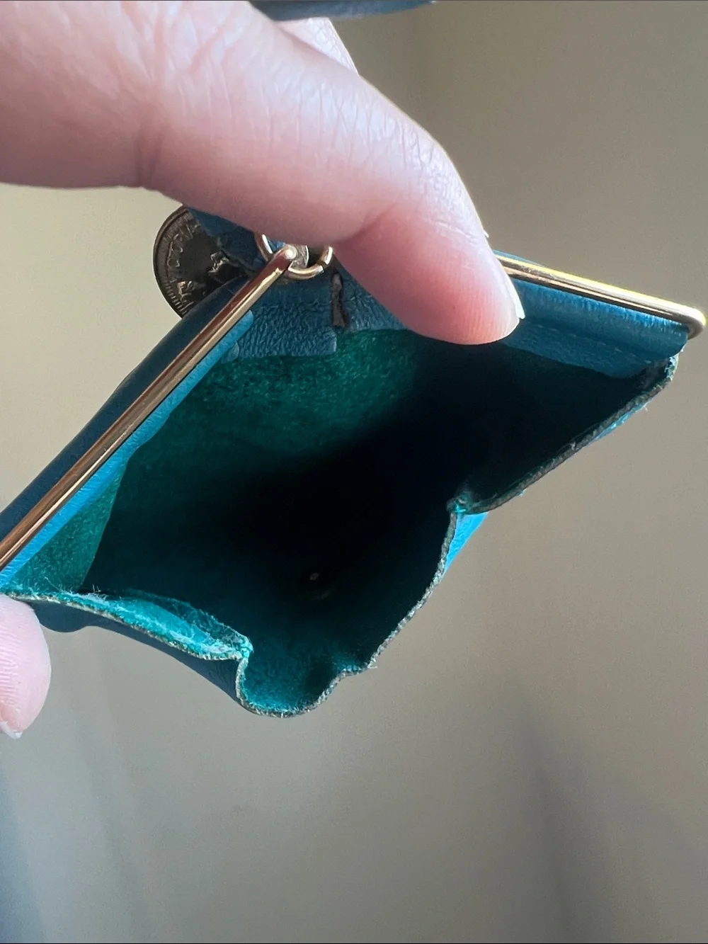 1970s Italian Handmade Leather Triangle Coin Purse Turquoise Roma Vintage EUC